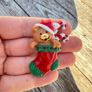 Vintage Jewelry Bear in Stocking Brooch Christmas Stocking Pin
